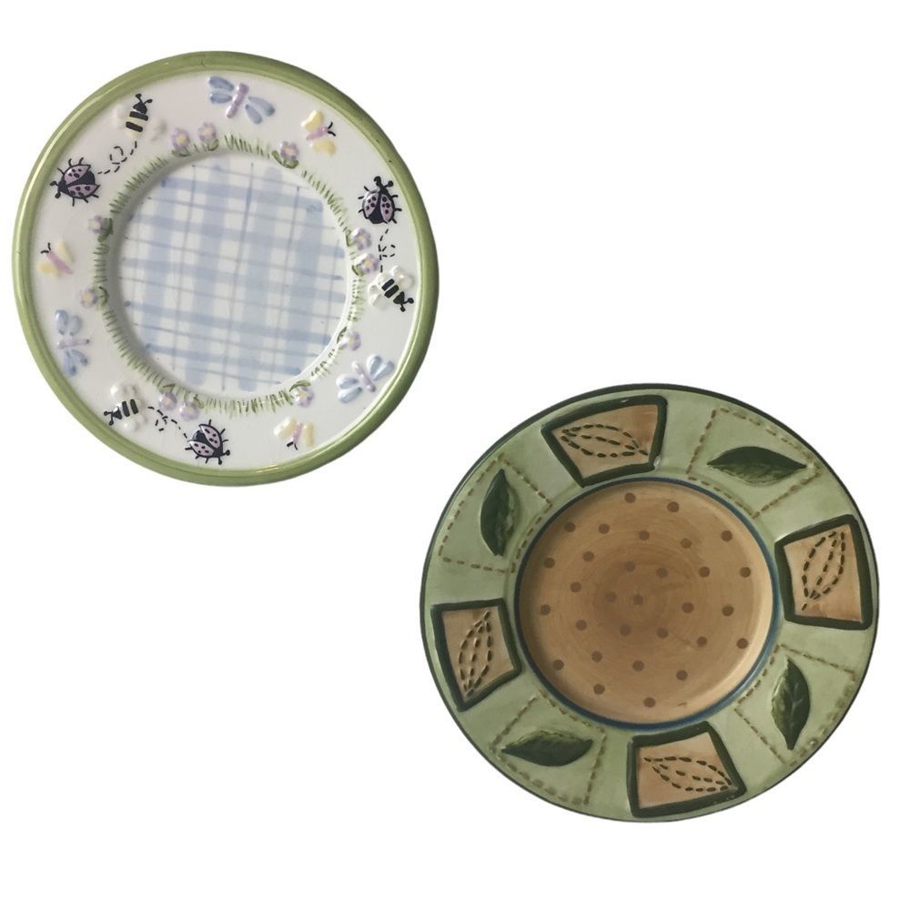 2 Yankee Candle Shade Topper Plates Spring Butterfly Bee and Spring Leaves Green